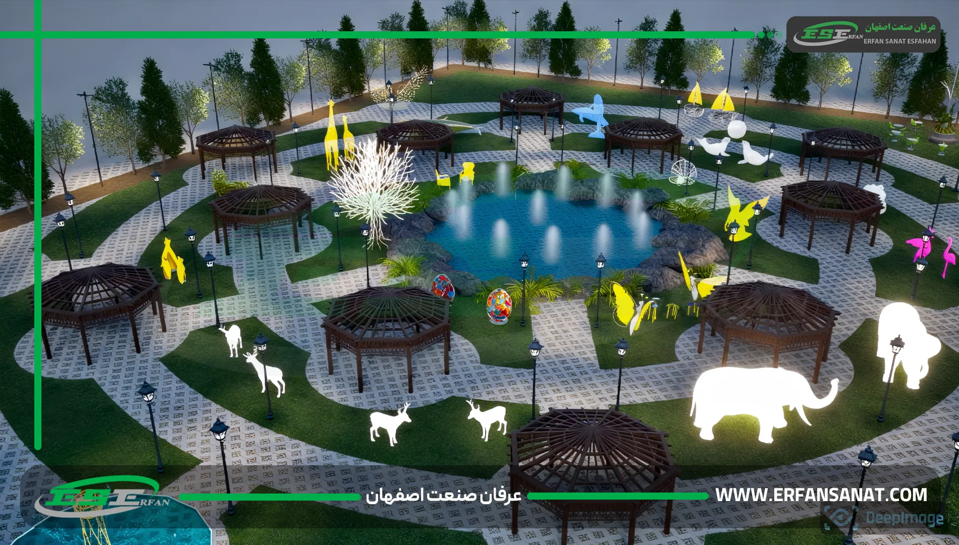 منظر ليلي لحديقة الضوء التفاعلية مع عناصر الإضاءة الحديثة